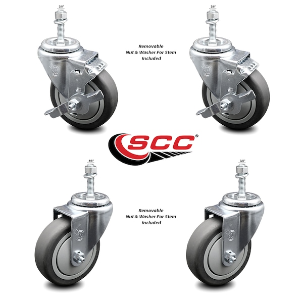 Service Caster 4 Inch Thermoplastic Rubber Swivel 3/8 Inch Threaded Stem Caster Brake SCC, 2PK SCC-TS20S414-TPRB-381615-2-TLB-2 - main